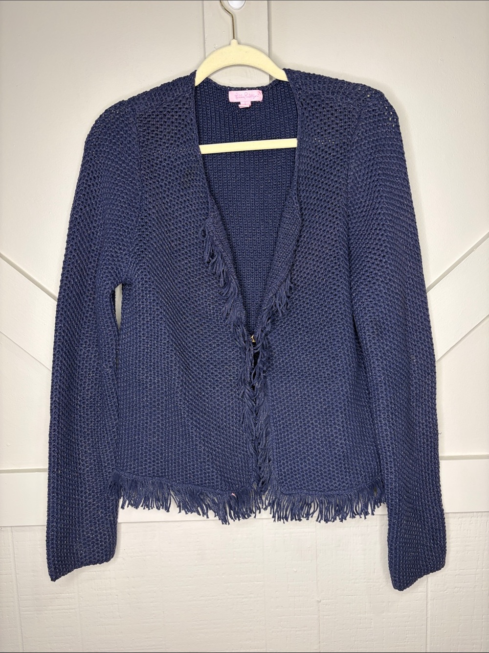 Lilly Pulitzer Luanna Navy Blue Fringe Open Front Cardigan Sweater Size Large
